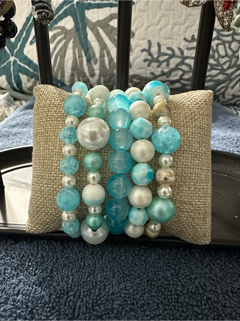 Costal-Inspired Glass Turquoise Beaded Stacked Bracelets - Picture 4 of 7